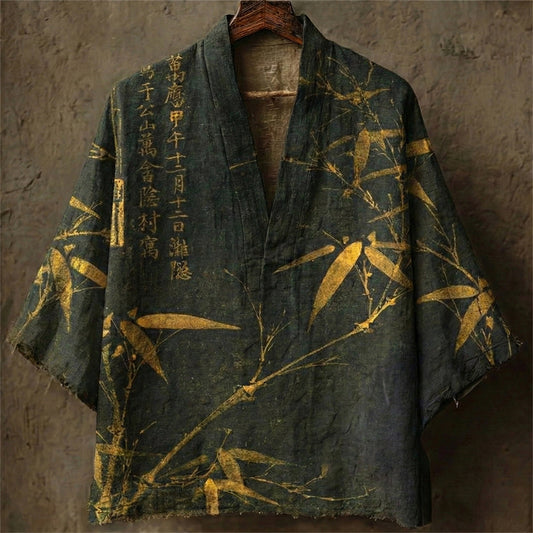 Men's Retro Bamboo Calligraphy Art Print Casual Linen Kimono elevenforest