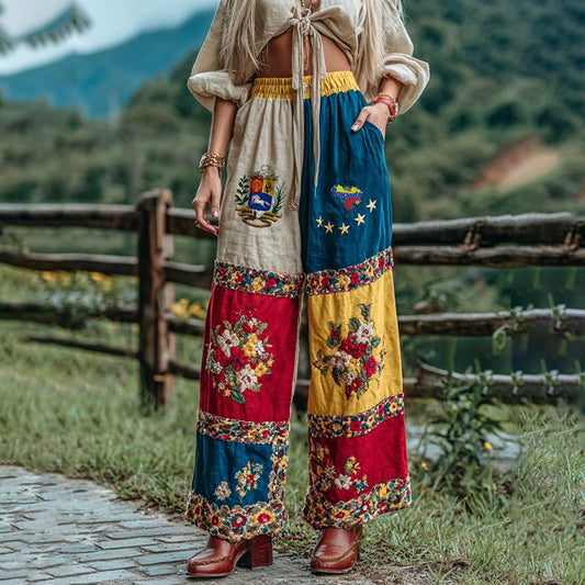 Women's Stand With Venezuela Inspired Venezuela Flag With Floral Patchwork Art Linen Blend Casual Pants elevenforest