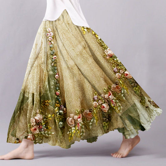 Women's Boho Flowers Art Linen Blend Skirt elevenforest