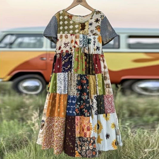 Countryside Style Collection Classy Patchwork Floral Pattern Art Linen Maxi Dress elevenforest