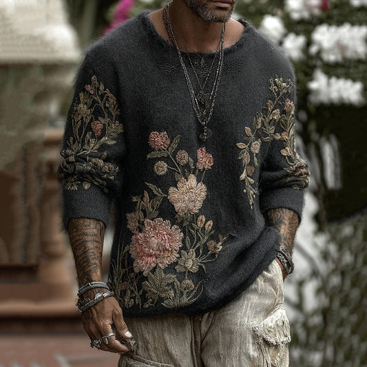 Men's Classic Floral Art Jacquard Thick Warm Round Neck Sweater elevenforest