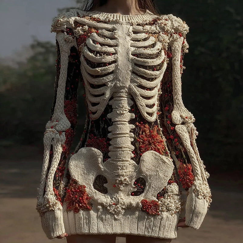 Women's Vintage Skull Floral Art Cozy Sweater Dress elevenforest