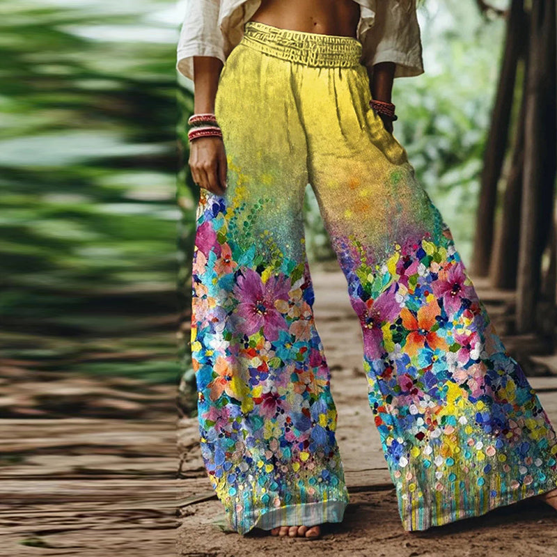 Vintage Bohemia Floral Pattern Women's Linen Blend Casual Pants elevenforest