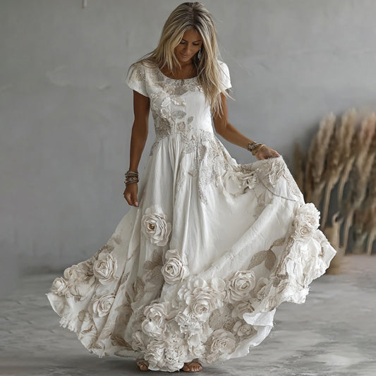 Women's Vintage White Rose Embroidery Art Round Neck Short Sleeve Maxi Dress elevenforest