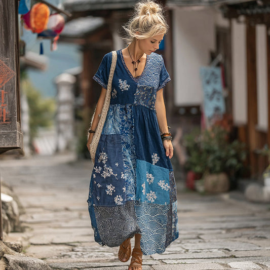 Women's Japanese-style Floral Print Casual Long Dress elevenforest
