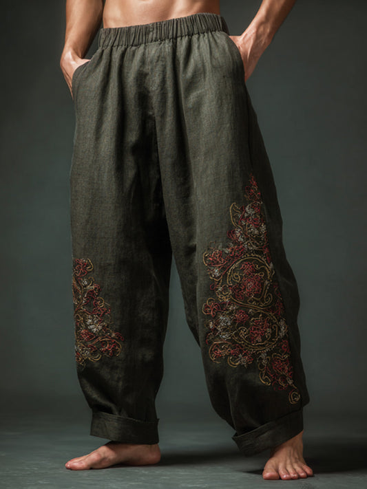 Men's Retro Bohemian Plant And Floral Embroidered Print Pants elevenforest