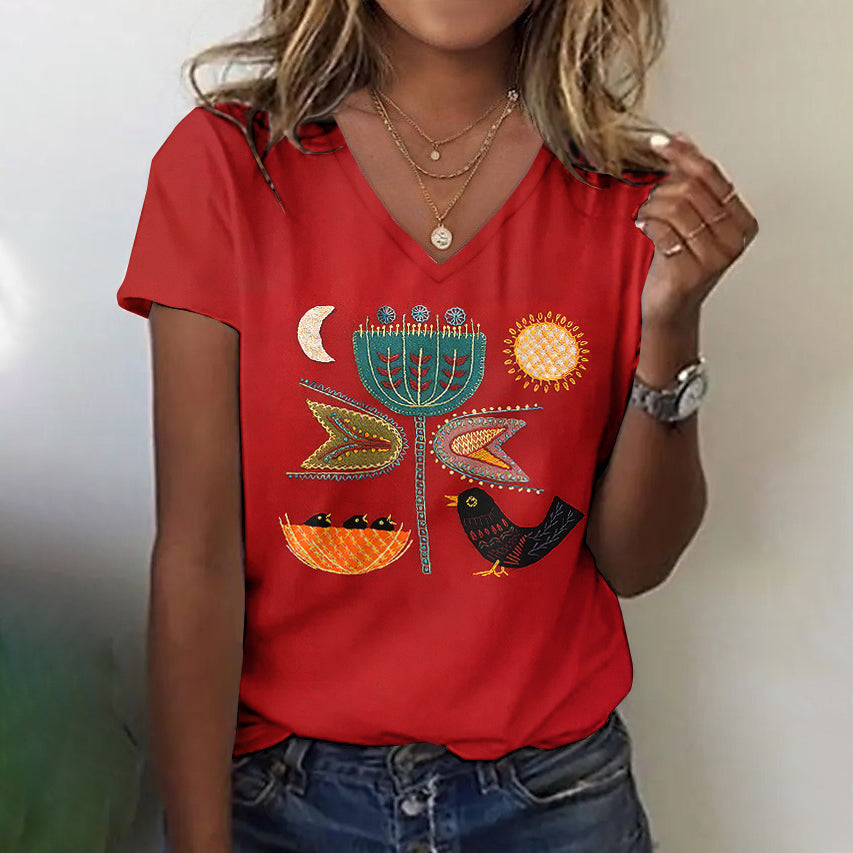 Women's Vintage Floral Bird Art Embroidery V-neck T-shirt elevenforest