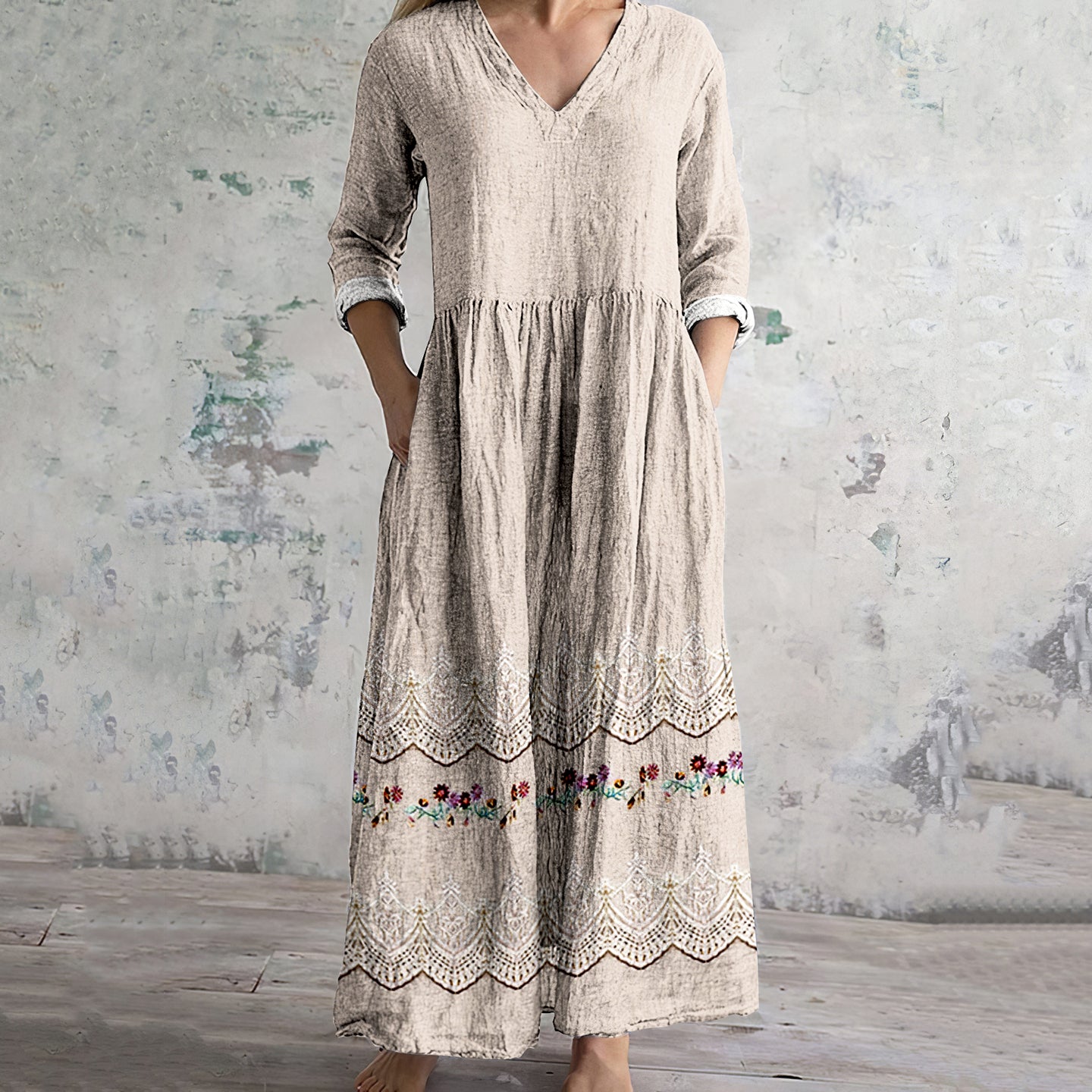 Comstylish Women's Vintage Floral Embroidered Lace Art Linen Dress