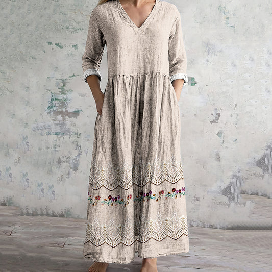 Comstylish Women's Vintage Floral Embroidered Lace Art Linen Dress