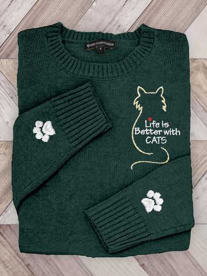 Life Is Better With Cats Embroidered Cozy Sweater elevenforest