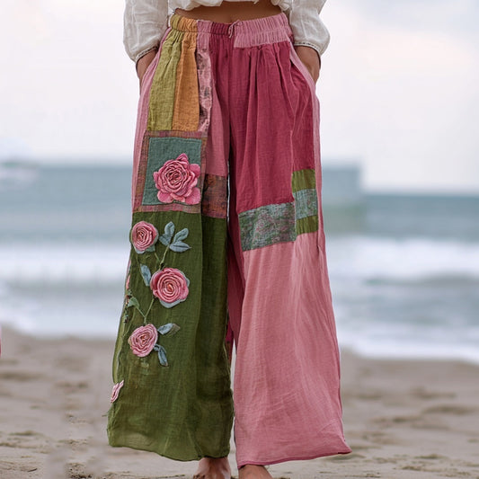 Vintage Pink Roses Embroidered Patchworkr Linen Pants elevenforest