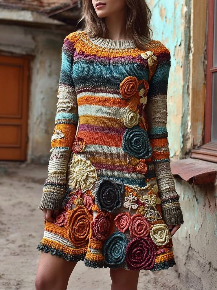 Retro Bohemia Flower Crochet Striped Midi Sweater Dress elevenforest