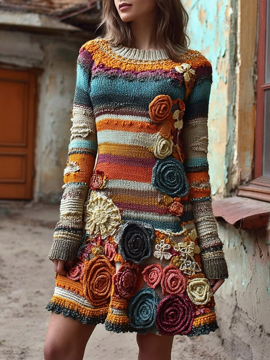 Retro Bohemia Flower Crochet Striped Midi Sweater Dress elevenforest