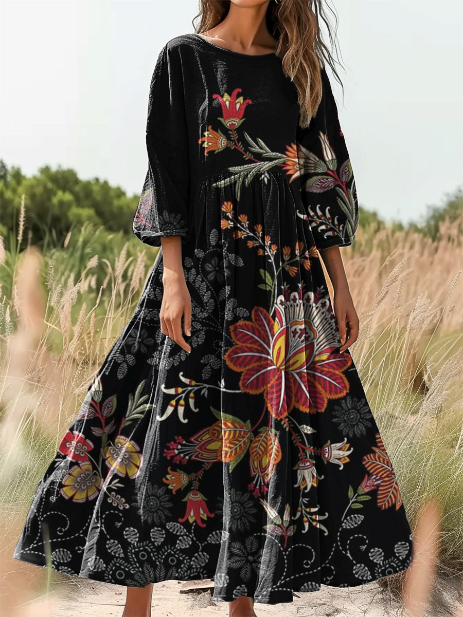 Women's Folk Flower Art Print Flowy Cotton Crew Neck Dress