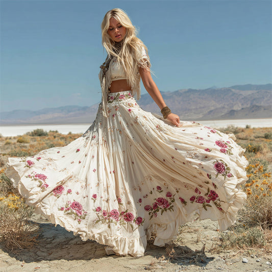 Boho Floral Art Women's Flowing Halter Long Skirt elevenforest