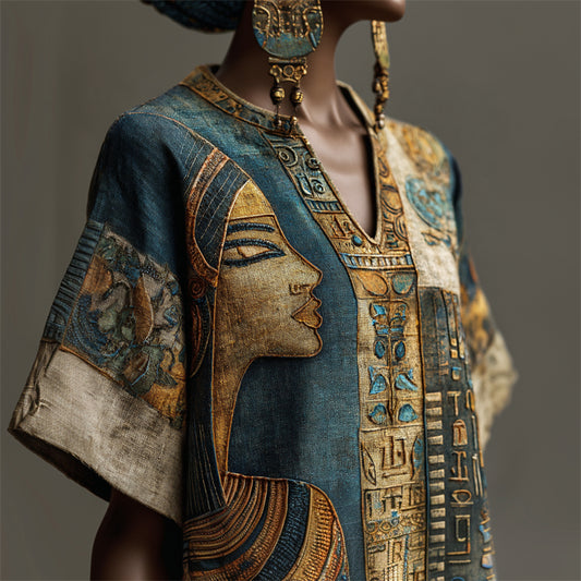 Ancient Egyptian Woman Face Ethnic Embroidered Linen Shirt elevenforest