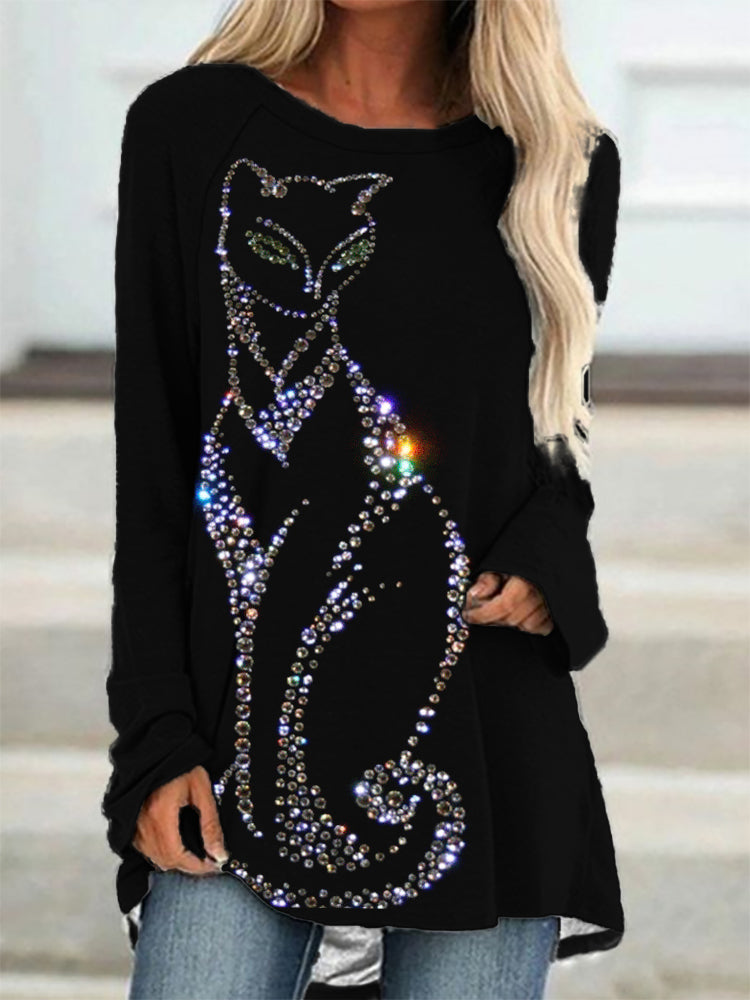 Glitter Elegant Cat Art Print A Line T Shirt elevenforest