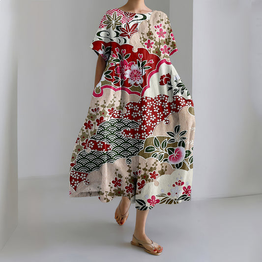 Comstylish Women's Japanese Flower Art Print Short Sleeve Loose Midi Dress