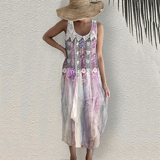 Women's Floral Lace Tulle Panel Linen Sleeveless Dress elevenforest