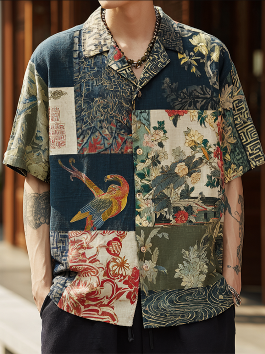 Japanese Art Style Plant And Flower Pattern Men's Cotton And Linen Short Sleeve Shirt elevenforest