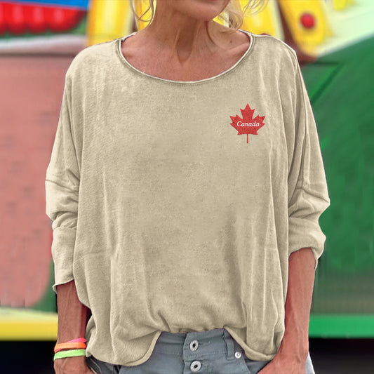 Comstylish Women's Canadian Maple Leaf Embroidered Crewneck Cozy T Shirt
