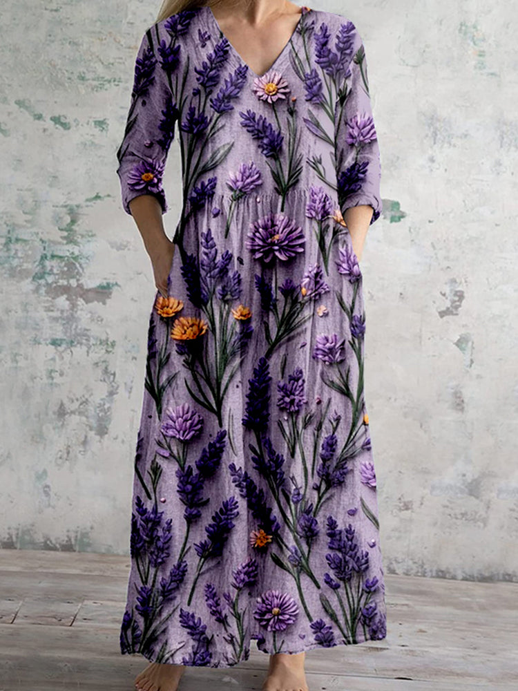 Comstylish Elegant Purple Flowers Art Linen Blend Maxi Dress