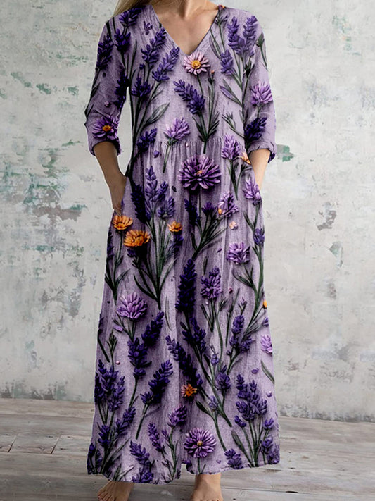 Comstylish Elegant Purple Flowers Art Linen Blend Maxi Dress