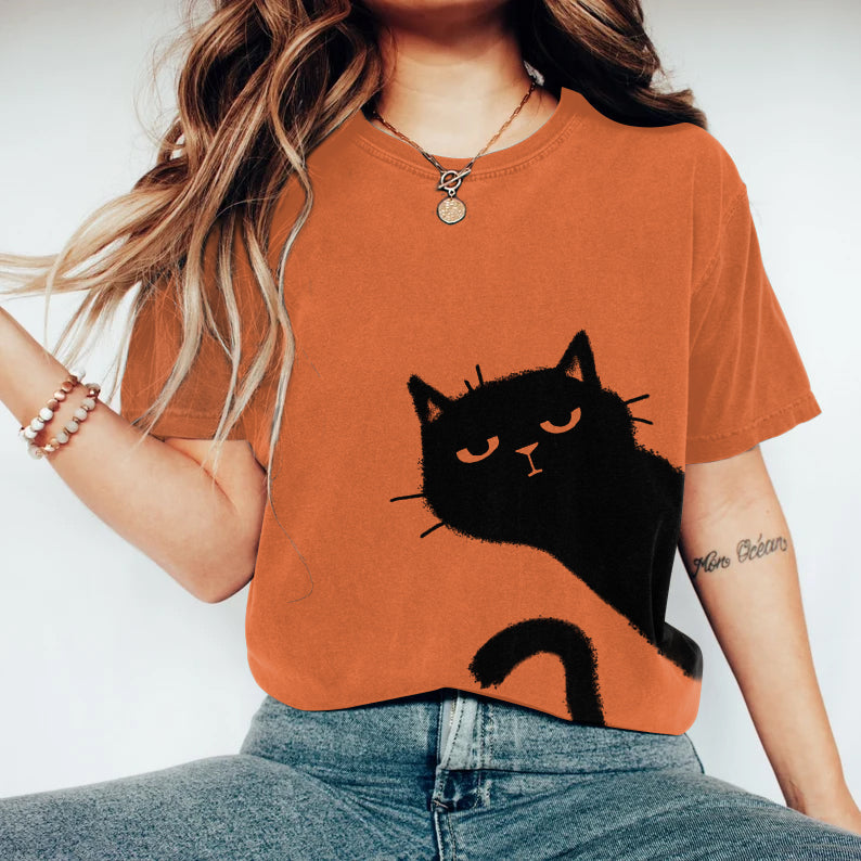 Women's Abstract Creative Cute Black Cat Art Print T-shirt elevenforest