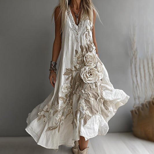 Women's Vintage White Floral Embroidery Art Linen Maxi Dress elevenforest