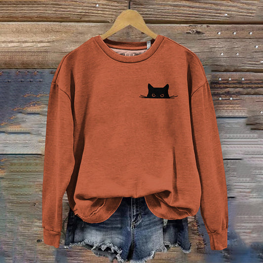 Women's Embroidered Black Cat Print Sweatshirt elevenforest