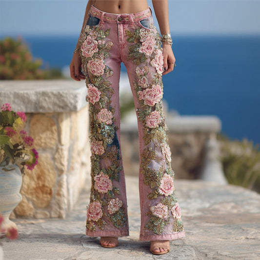 Vintage Pink Roses Glitter Embroidered Bootcut Jeans elevenforest