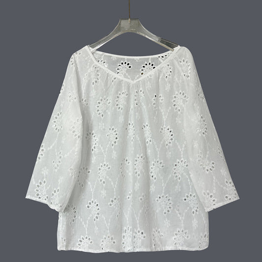 Women's Retro Lace Cotton And Linen Mid-length Sleeves V-neck Top elevenforest