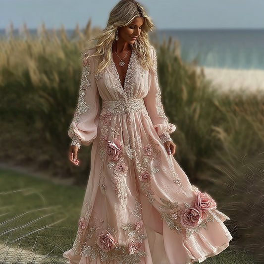 Women's Pink Rose Embroidered Art V-neck Long Sleeve Midi Dress elevenforest