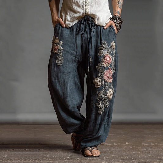 Men's Vintage Floral Fiber Art Embroidered Wide Leg Pants elevenforest