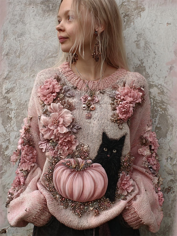 Comstylish Black Cat & Pink Pumpkin Floral Beaded Cozy Knit Sweater