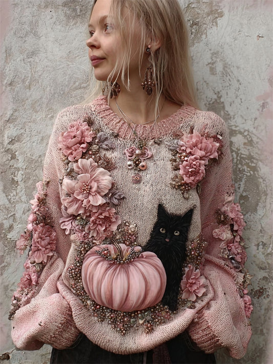 Comstylish Black Cat & Pink Pumpkin Floral Beaded Cozy Knit Sweater