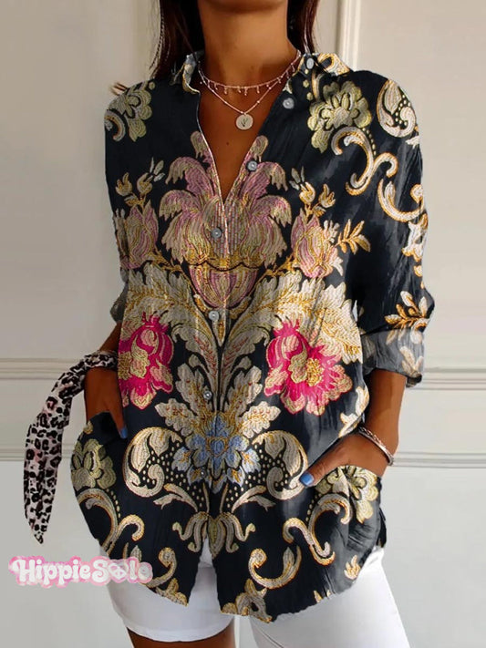 Women's Vintage Lovely Floral Art Print Casual Cotton Shirt