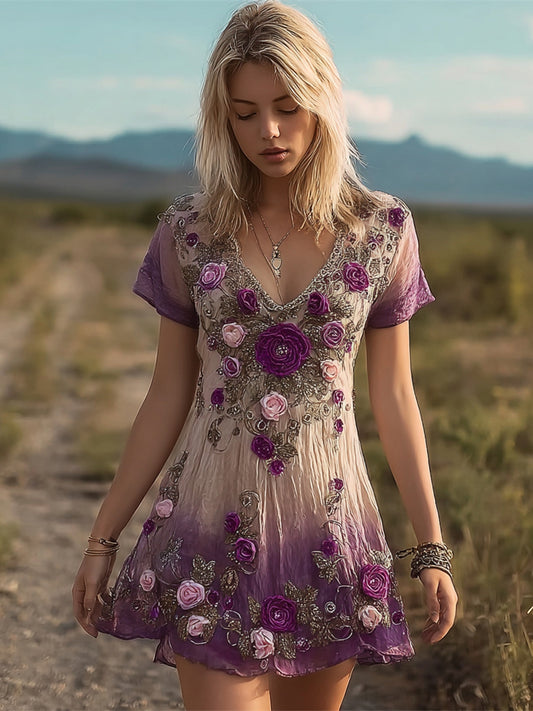 Boho Floral Embroidery Gradient Women's Linen Short Sleeve Mini Dress elevenforest