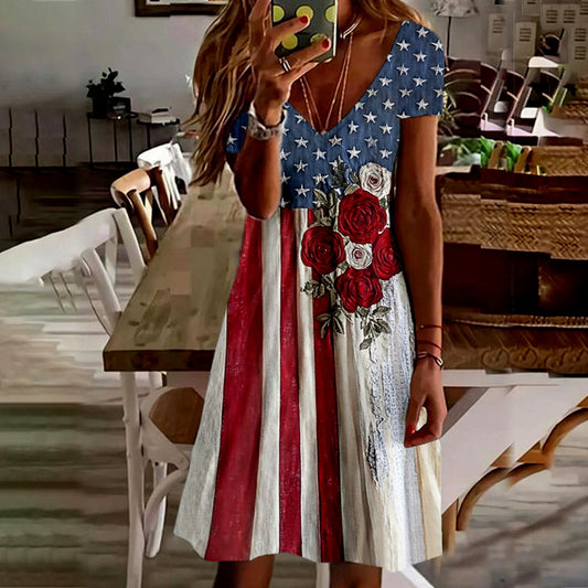 Comstylish Vintage American Flag Inspired Rose Embroidered Midi Dress