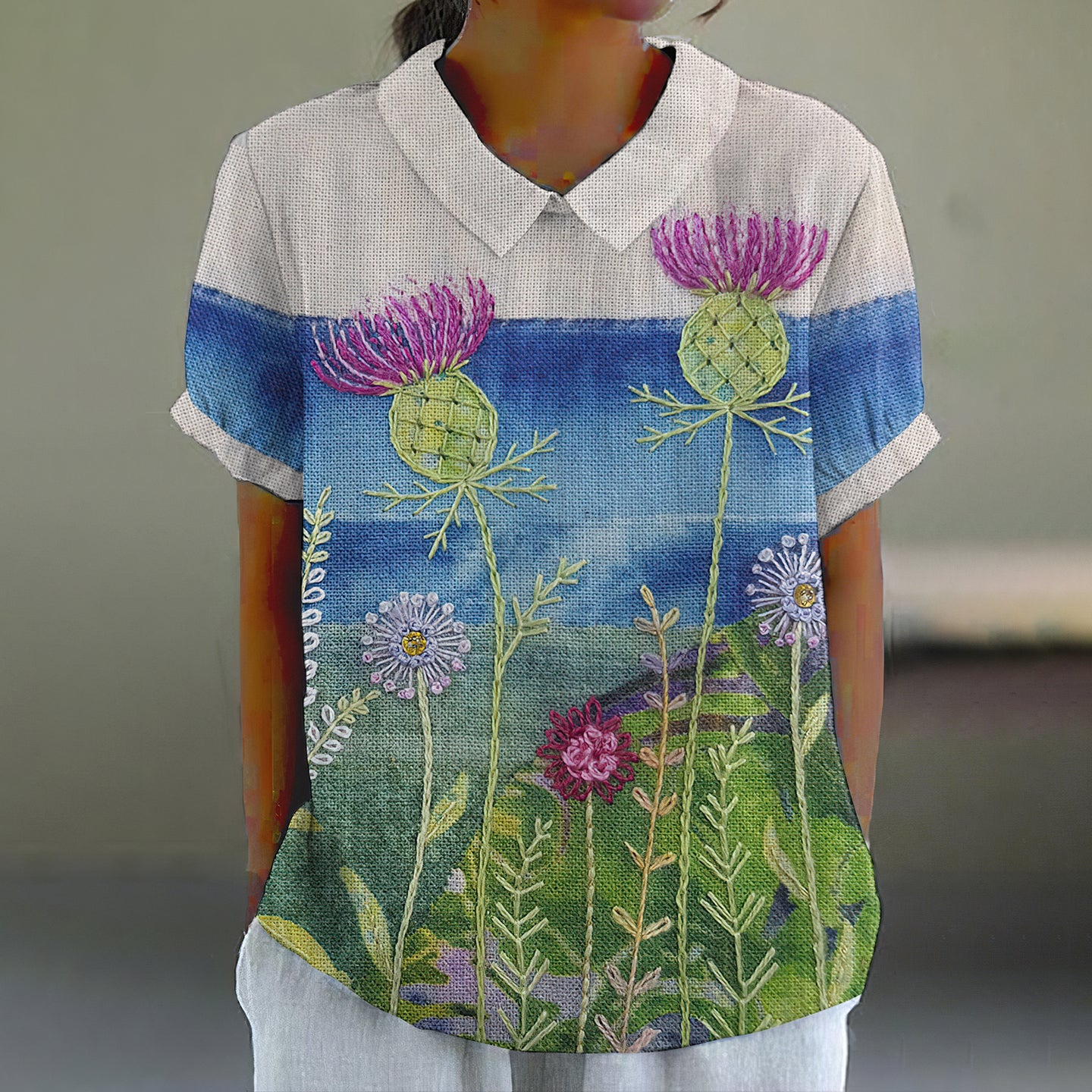 Vintage Thistle Art Embroidery Lapel Linen T-shirt elevenforest