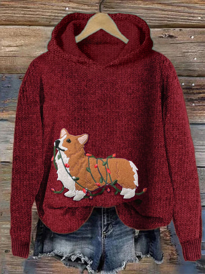 Funny Christmas Corgi Dog Embroidered Cozy Hooded Sweater