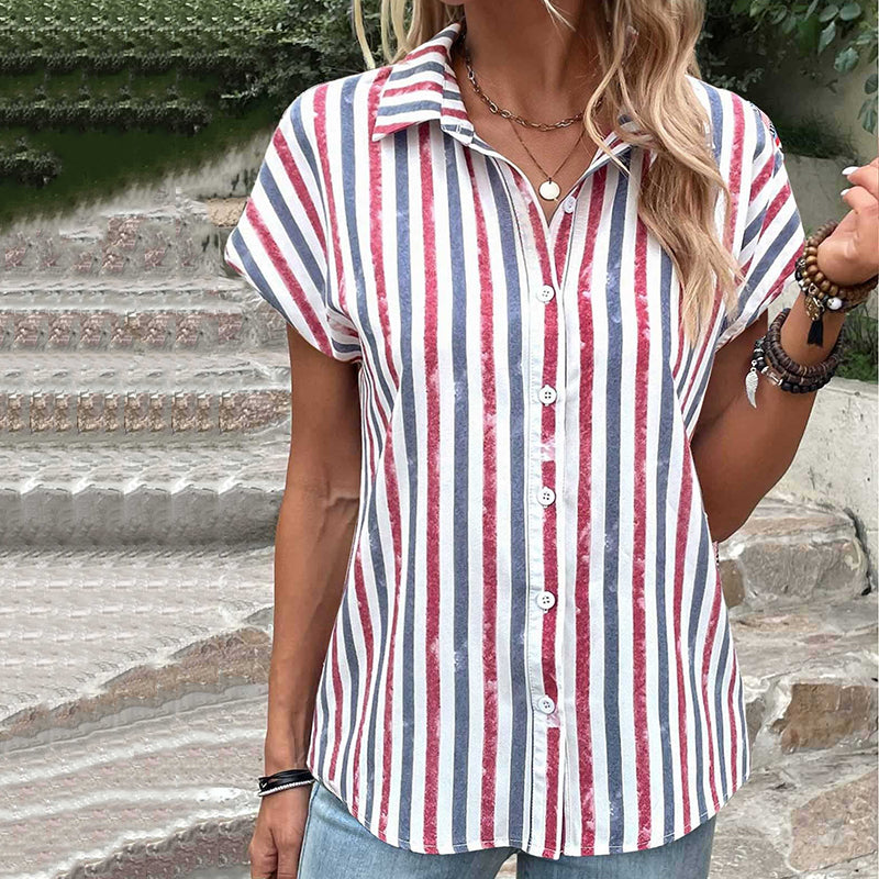 Women's Vintage Blue And Red Striped Independence Day Cotton And Linen Shirt elevenforest