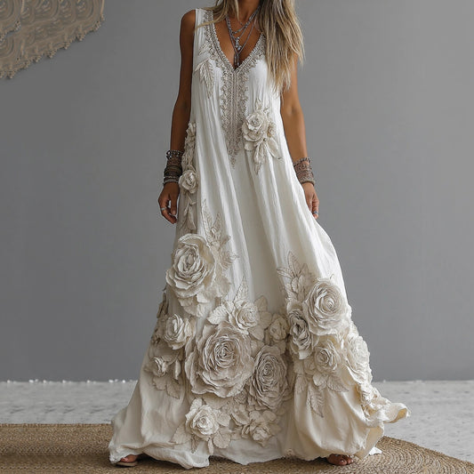 Women's Vintage White Rose Embroidered V-neck Sleeveless Maxi Dress elevenforest