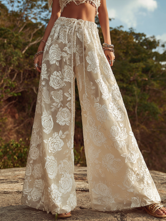 Bohemian Style White Rose Embossed Embroidery Women's Cotton And Linen Long Pants elevenforest