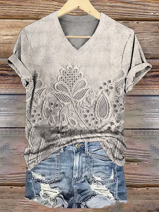 Women's Floral Art Print V-Neck Casual T-Shirt