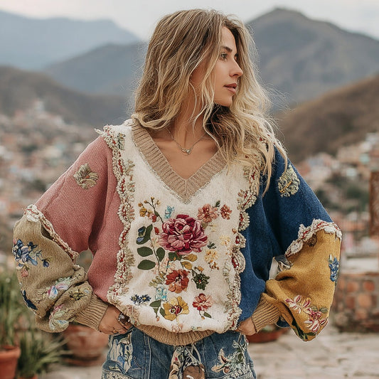 Women's Vintage Floral Pattern Comfortable Warm V-neck Knitted Sweater elevenforest