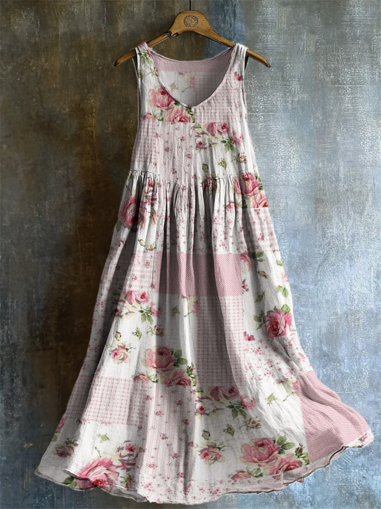 Vintage Cottagecore Floral Patchwork Linen Tank Dress elevenforest
