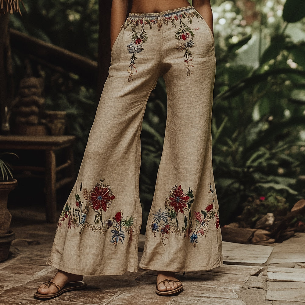 Women's Tribal Geometric Embroidered Linen Lounge Pants elevenforest