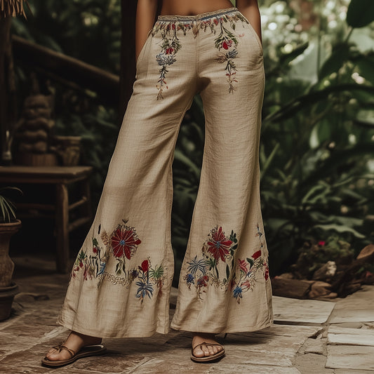 Women's Tribal Geometric Embroidered Linen Lounge Pants elevenforest