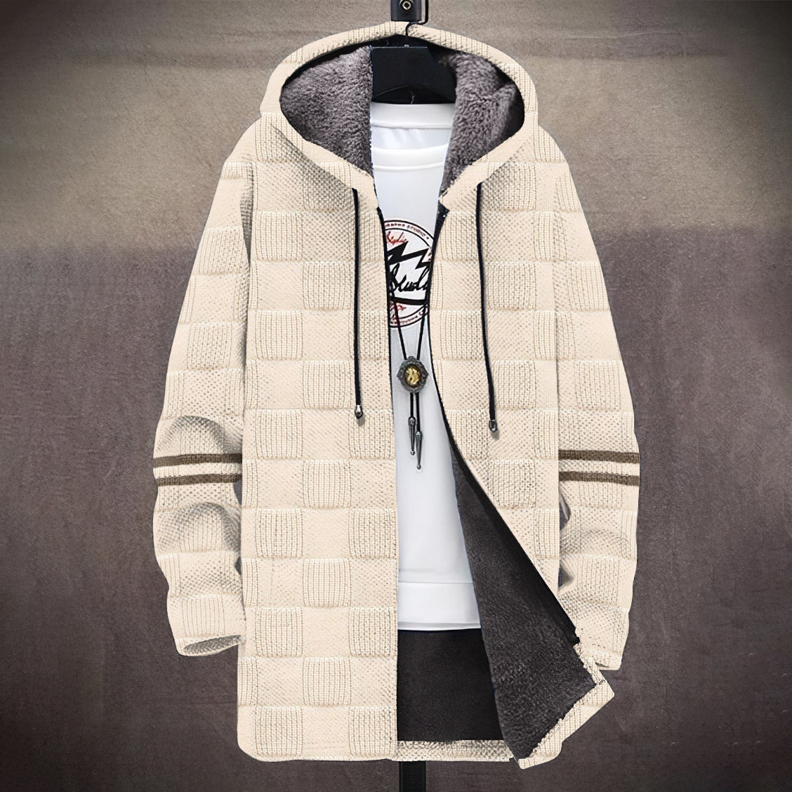 Men's Vintage Patchwork Knitted Pattern Cozy Plush Hooded Coat artswardrobe